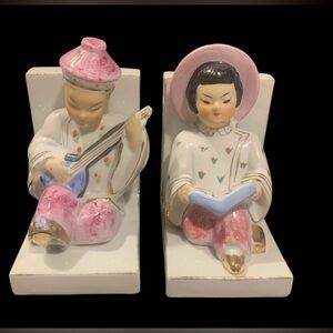 Vintage Japanese Ucagco Bookends Pair Girl & Boy Ceramic Pink White 4.25” x5”x3”